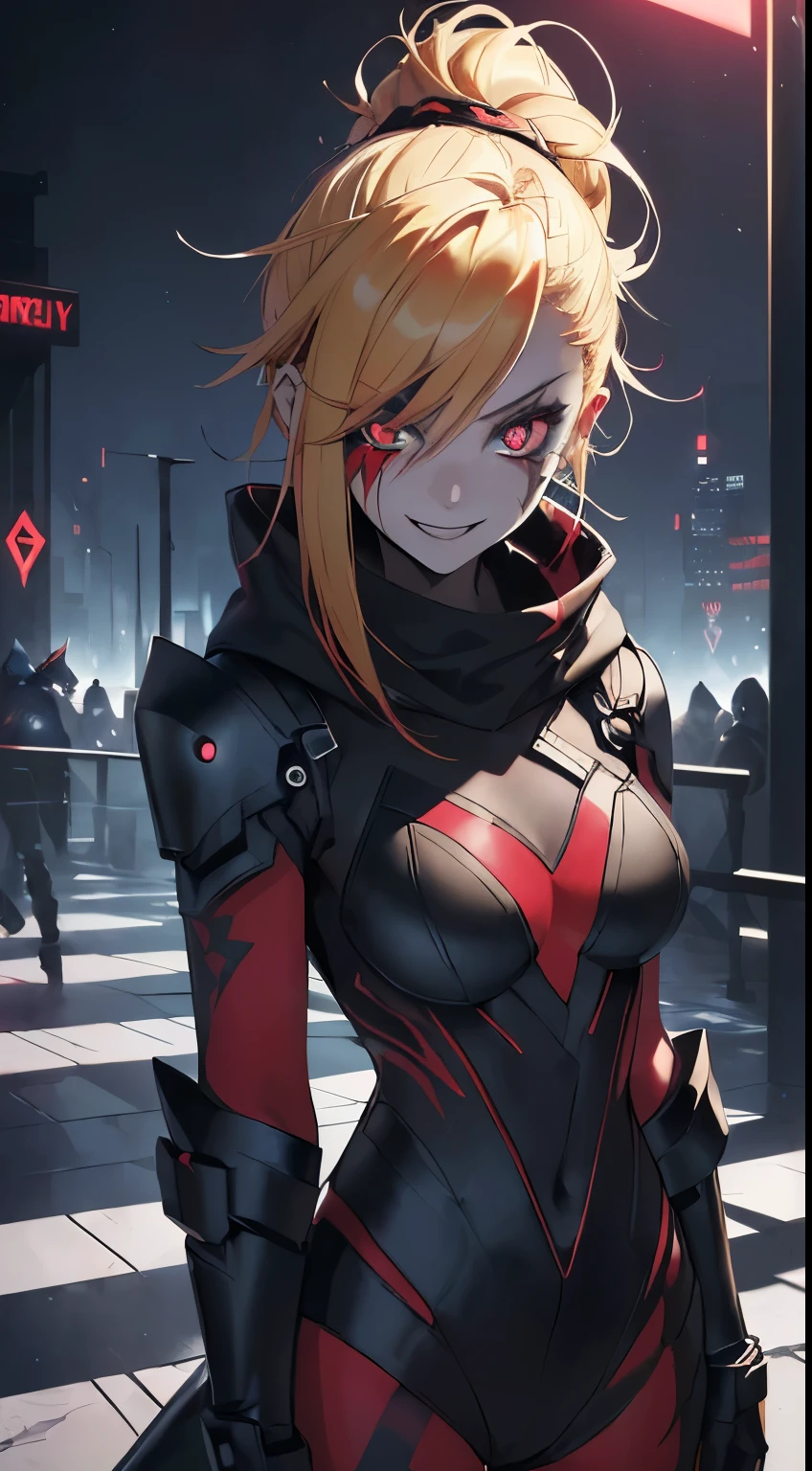 top-quality、Top image quality、masterpiece、evil girl with((18year old、Red, black and blue glowing cyber suit, falda corta, blonde hair streaked with lots ofred, black and blues hihlights, mystical,、Shining Cyber White Hoodie、Best Bust、Bust 90、Blonde Away Tail、Red Eyes、Valley、A slender、 insane smile、Red Face tattoo Paint、Black scarf、Reflecting the whole body, vampiric aura、Slouch action))hiquality、Beautiful Art、Background with((nightcity、cyberpunked、nightclubasutepiece、Elaborate design、visualart fullbody shot, cowboy shot