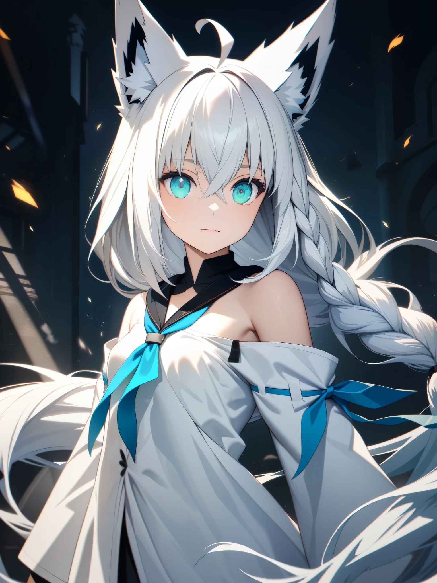 32k, best quality, ultra high res, HDR, UHD, extremely detailed CG, unity 32k wallpaper, {{{masterpiece}}}, {{{best quality}}}, {{ultra-detailed}}, {illustration}, {{an extremely delicate and beautiful}}, shirakami fubuki,fox girl,white hair,braid,ahoge,animal ear,aqua eyes,black ribbon,white shirt,off shoulder, whole body, 17 years old, very long hair, ahoge, small_breasts, absurdres, highres, very precise detailed, {{{beautiful detailed eyes}}},