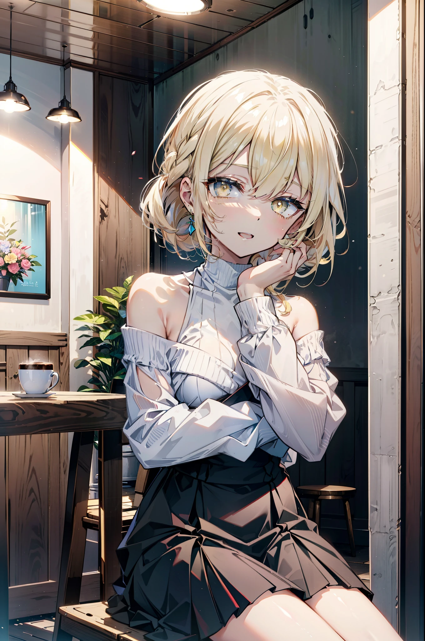 (アイスWallenstein, Wallenstein, blonde, Hair between the eyes, hair band, happy smile, smile, Open your mouth,Blonde,Long Hair, (Yellow Eyes:1.5),One-shoulder sweater,Long skirt,short boots,Sitting in a chair,There is food on the table,Daytime,Clear skies,whole bodyがイラストに入るように, break looking at viewer, whole body, break indoors,Coffee shop,, break (masterpiece:1.2), Highest quality, High resolution, unity 8k wallpaper, (shape:0.8), (Beautiful and beautiful eyes:1.6), Highly detailed face, Perfect lighting, Extremely detailed CG, (Perfect hands, Perfect Anatomy),