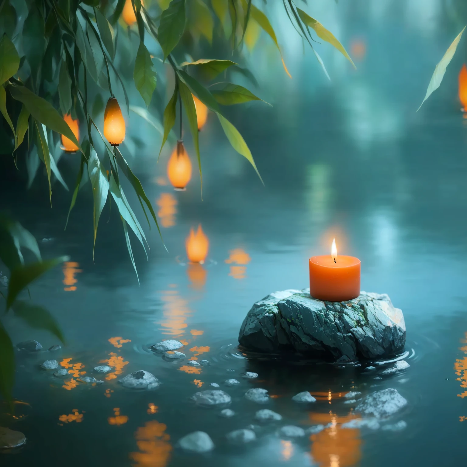 A candle rests on a rock in the water, Peaceful atmosphere, Relaxed atmosphere, Zen Nature Background, Peaceful atmosphere, Peaceful environment, Floating Candles, Peaceful and serene, Quiet and peaceful atmosphere, Relaxing environment, High-resolution wallpapers, Quiet environment, Calm evening atmosphere, Beautiful Wallpapers, Peaceful landscape, Gentle lighting, relaxed mood, Beautiful atmosphere, Serene landscape