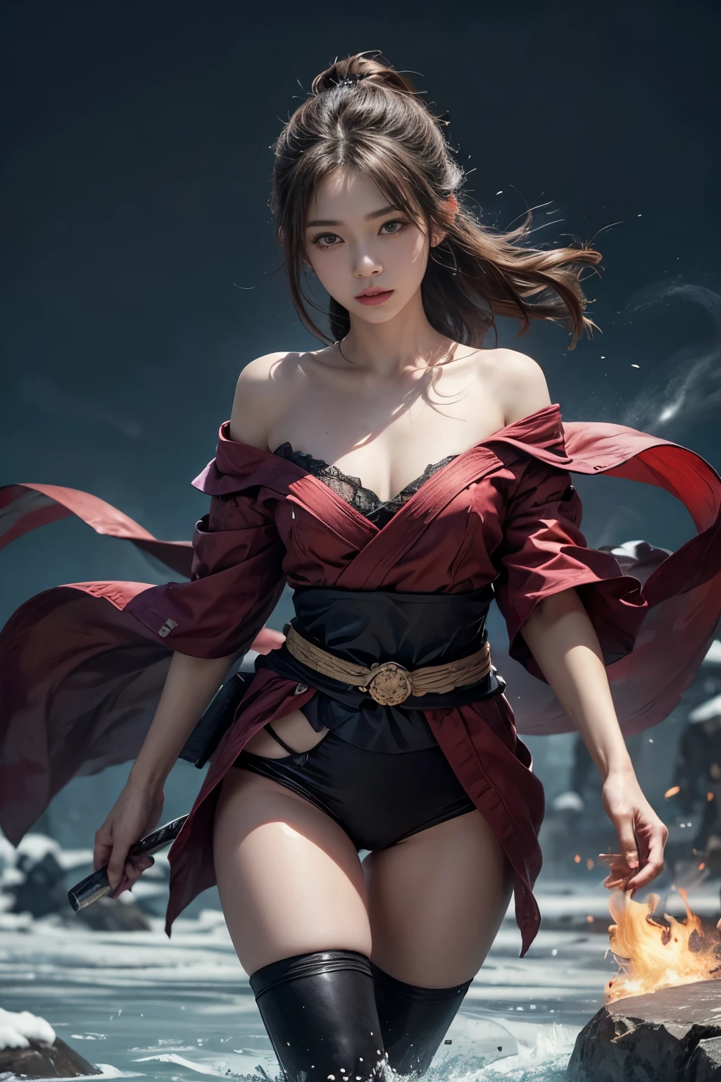 (masterpiece,8K,Super detailed,highest quality:1.5),((So cute)),best image quality,1 female,Two-dimensional beauty,(long hair,ponytail,scarlet colored hair,scarlet eyes:1.3),(active volcanic crater,fully,Evening sky:1.3),(She wears a wonderful garnet colored long robe all over her body。.),jewelry,(gold and garnet crown:1.3),bare shoulders,beautiful and delicate hands,Sitting with your knees closed,angle from below