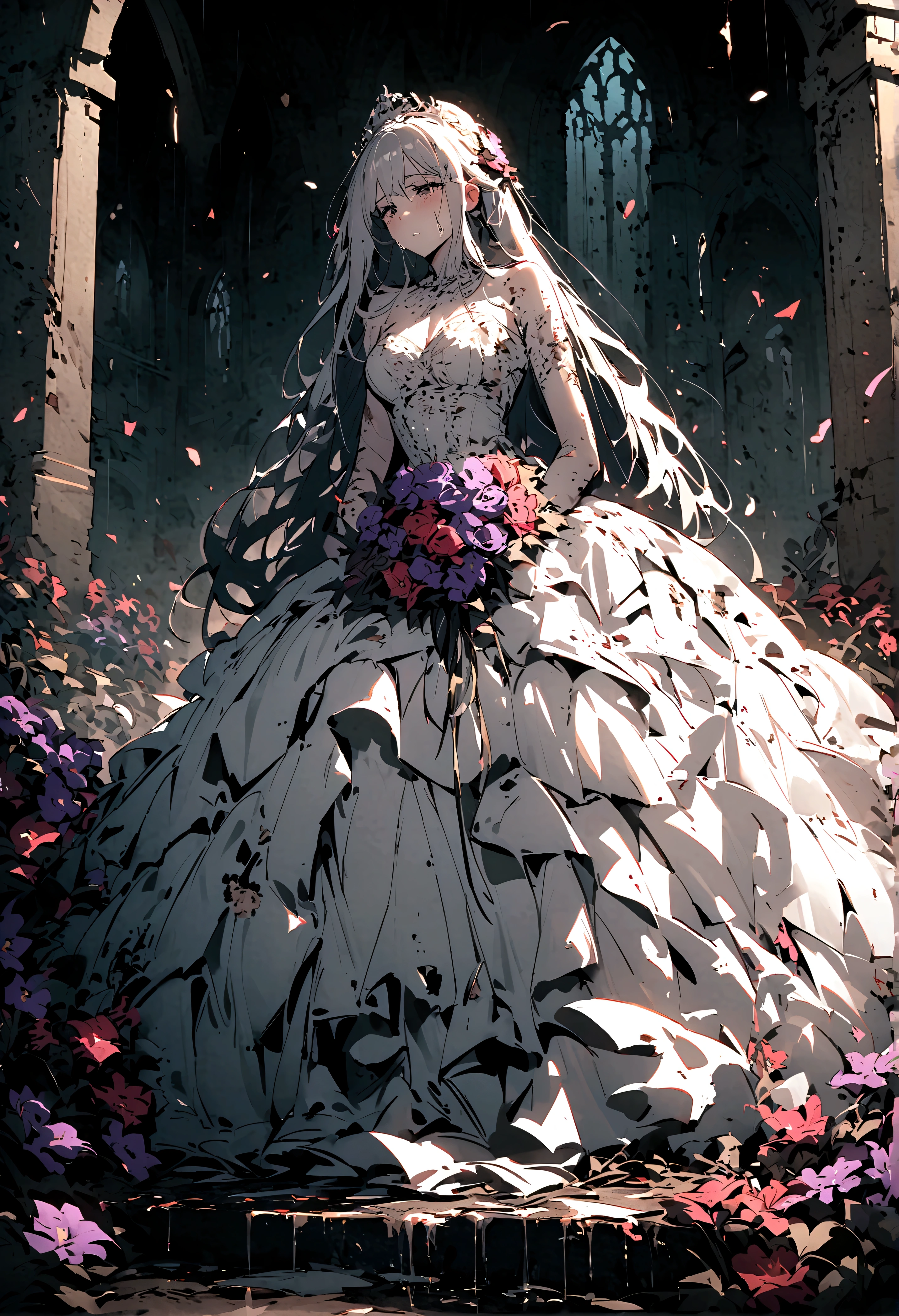 Broken church，Cemetery，heavy rain，dark clouds，(Battle damage)，Wedding dress，Long hair，Ghost Bride，Dark and gloomy，night，Wilted flowers，Tears