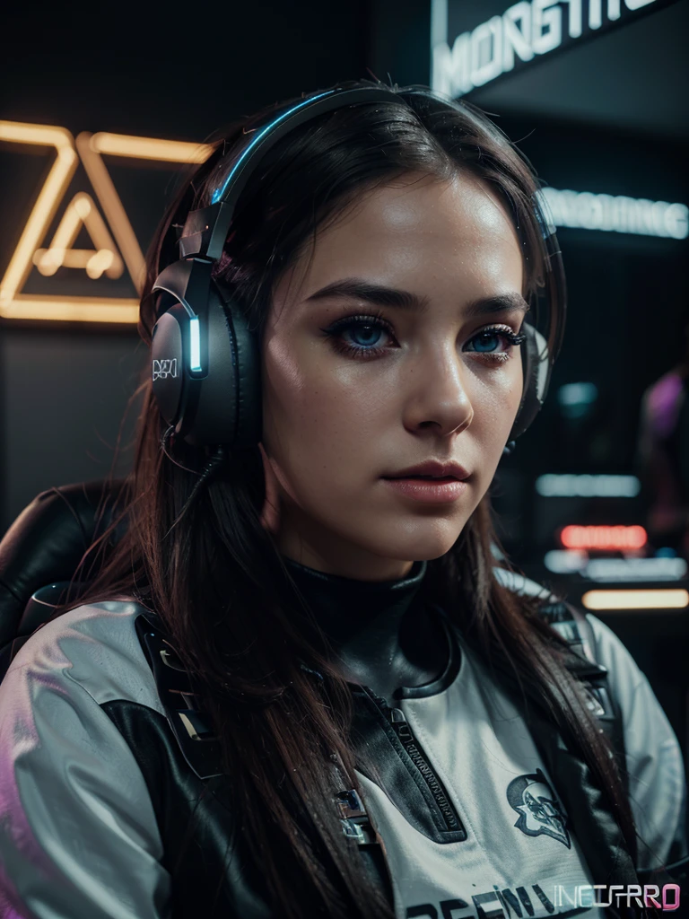 a woman gamer, profile shot, gaming outfit, beautiful detailed eyes, beautiful detailed lips, extremely detailed face and features, long eyelashes, gaming headset, gaming chair, neon lights, cinematic lighting, dramatic color palette, digital art, hyper realistic, 8k, photo-realistic, masterpiece