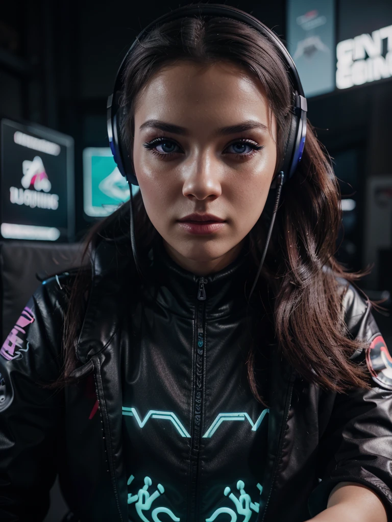 a woman gamer, profile shot, gaming outfit, beautiful detailed eyes, beautiful detailed lips, extremely detailed face and features, long eyelashes, gaming headset, gaming chair, neon lights, cinematic lighting, dramatic color palette, digital art, hyper realistic, 8k, photo-realistic, masterpiece