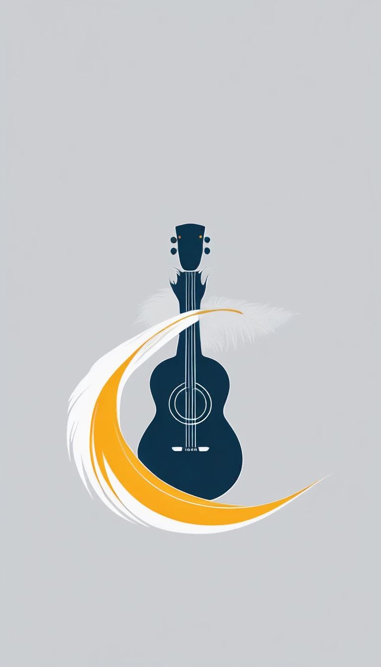 A minimal, modern, simple, cinematic logo design for the brand “Penamemoria". The logo design must be a simple, silhouette of a boy, standing up, playing acoustic guitar and fantasy feather by his side. The logo must convey a sense of music, stories, memories and dreams. Logo design impressed on a book cover. Minimalistic logo. Light blue, white and soft golden as colors for the logo design