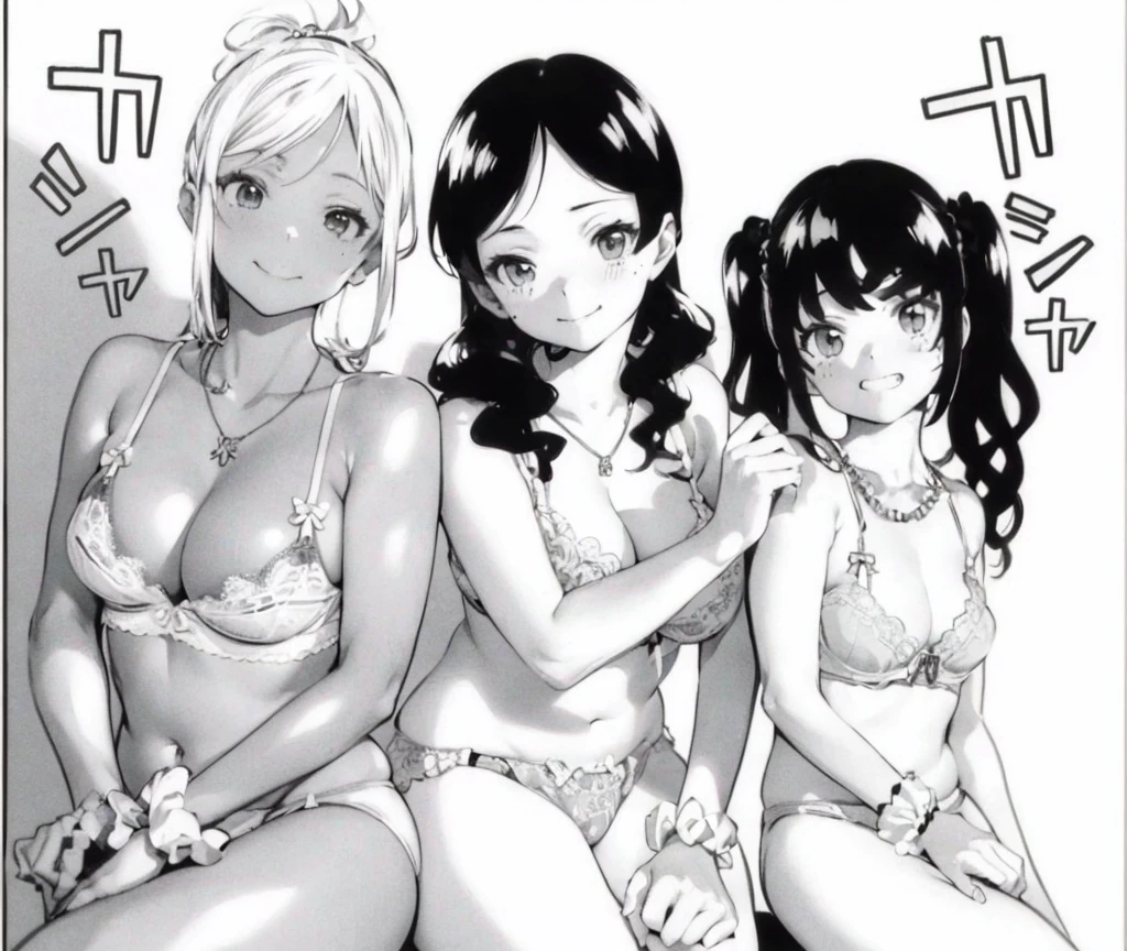 anime character girls in bras and panties, captioned sexy sexy, sexy, monochrome, greyscale, breasts, multiple girls, underwear, bra, 3girls, jewelry, underwear only, mole under mouth, panties, necklace, mole, smile, twintails, large breasts, cleavage, scrunchie, navel, wrist scrunchie, looking at viewer