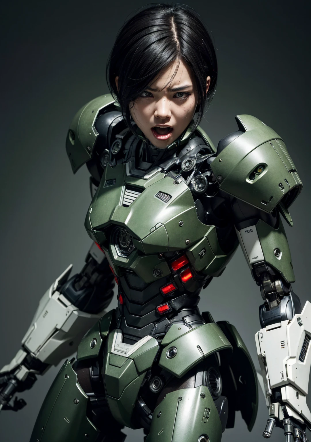 Textured skin, Super detailed, Attention to detail, high quality, 最high quality, High resolution, 1080P, hard disk, beautiful,(War Machine),beautifulサイボーグ女性,Mecha Cyborg Girl,Battle Mode,Girl with a mechanical body Black Hair Short Hair Boyish Dark Green Armor Soaked Face liberation Met Off Steam from the head Steam comes out from the whole body A painful expression Open your mouth wide