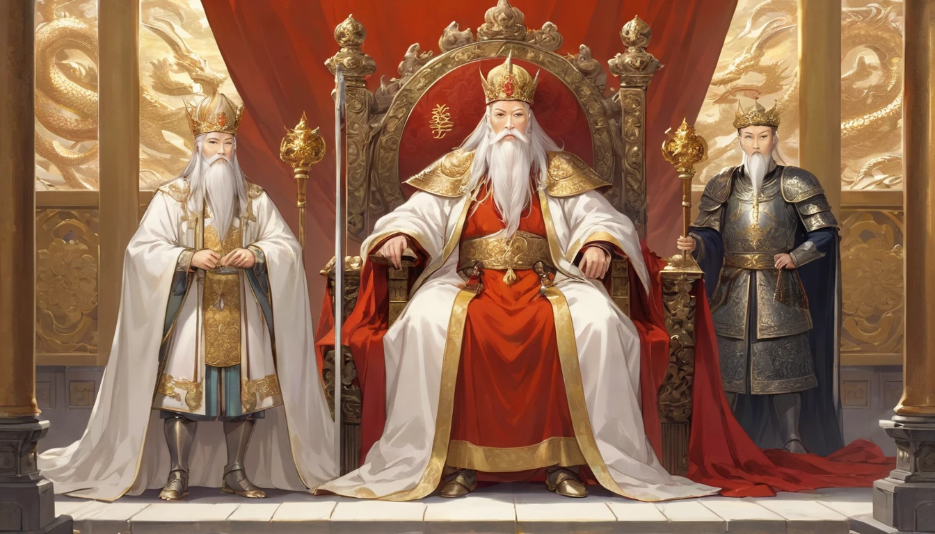 two men,An old emperor named John,Tall, Square face.Silver long hair,Wearing a golden crown, Thick eyebrows,Long white beard.,Pale complexion, Wearing a gorgeous golden robe,Embroidered with dragon pattern.;Another young general named Ken,Burly figure,Long face, Blonde short hair,Thick eyebrows,Short whiskers,Healthy bronze,Wearing a red armor,Symbol with sun,There is a golden sword on the waist; John is sitting majestically on a glittering throne。Ken stands in front of the throne,Looks like he's protecting the man sitting on the throne,There was an air of respect and loyalty between the two.。