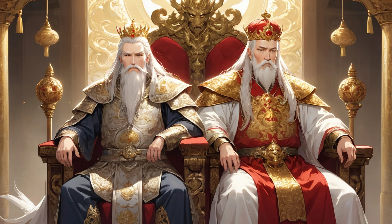 two men,An old emperor named John,Tall, Square face.Silver long hair,Wearing a golden crown, Thick eyebrows,Long white beard.,Pale complexion, Wearing a gorgeous golden robe,Embroidered with dragon pattern.;Another young general named Ken,Burly figure,Long face, Blonde short hair,Thick eyebrows,Short whiskers,Healthy bronze,Wearing a red armor,Symbol with sun,There is a golden sword on the waist; John is sitting majestically on a glittering throne。Ken stands in front of the throne,Looks like he's protecting the man sitting on the throne,There was an air of respect and loyalty between the two.。