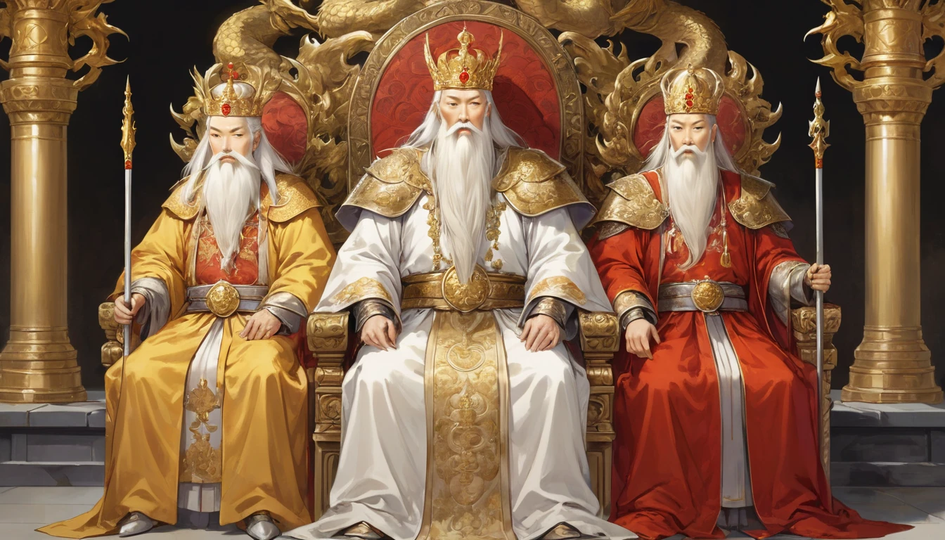 two men,An old emperor named ,Tall, Square face.Silver long hair,Wearing a golden crown, Thick eyebrows,Long white beard.,Pale complexion, Wearing a gorgeous golden robe,Embroidered with dragon pattern.;Another young general named Ken,Burly figure,Long face, Blonde short hair,Thick eyebrows,Short whiskers,Healthy bronze,Wearing a red armor,Symbol with sun,There is a golden sword on the waist; Johnsitting majestically on a glittering throne。Ken stands in front of the throne,Looks like he's protecting the man sitting on the throne,There was an air of respect and loyalty between two.。