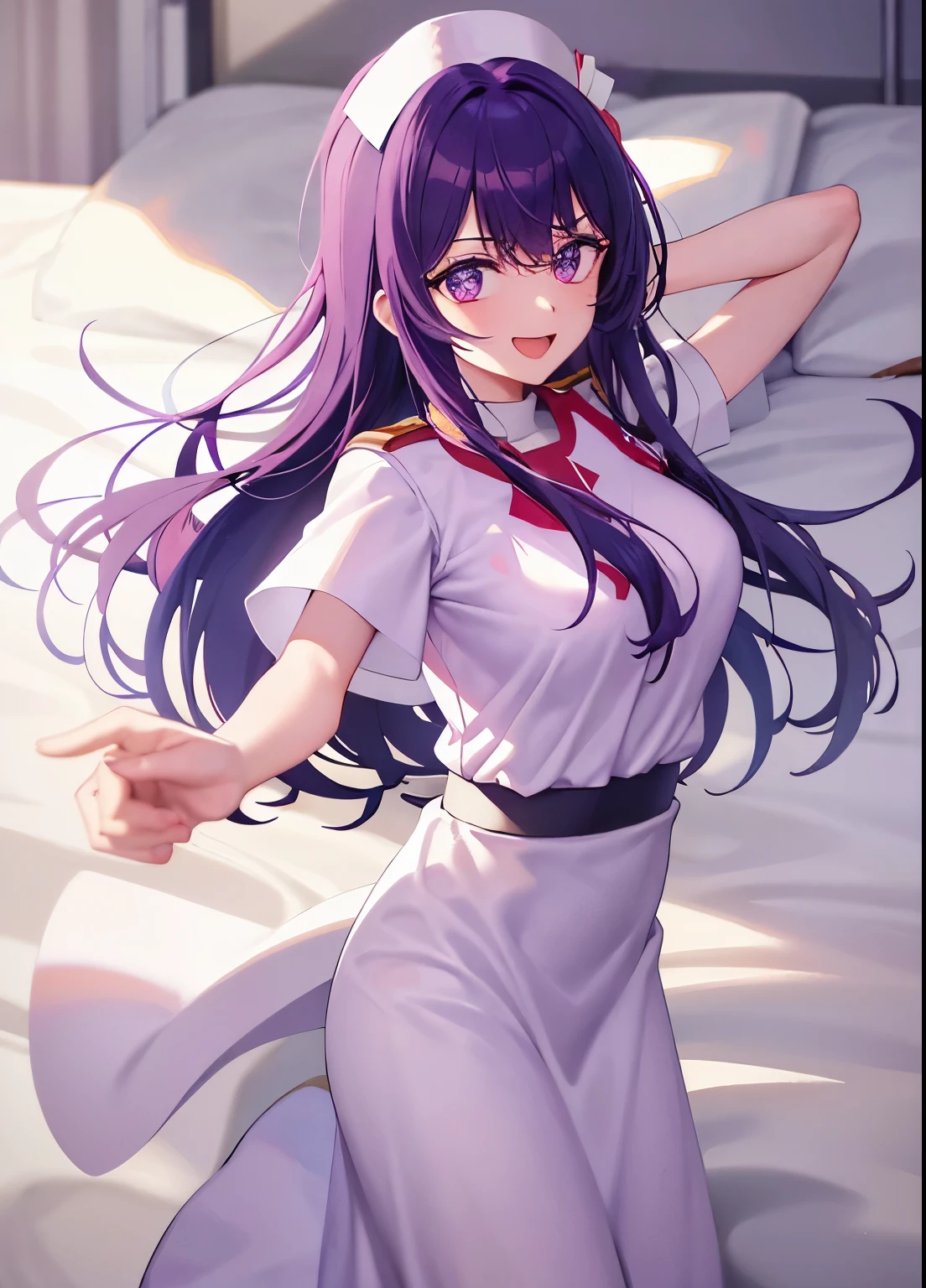 one-girl，nurses（（There is a five-pointed star in the eye））Gorgeous Hair in Long Purple，Smile，Open mouth ，nurses，hospitals，White nurse clothes，White nurse hat，looki at viewer，Blood