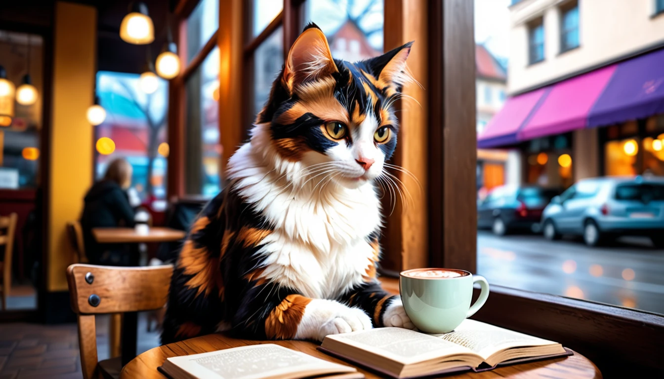 (Photo Cinematic), Rain outside, young calico cat, sitting by the window in a cafe, drinking hot chocolate, reading, 2D, colorful, warm atmosphere, shiny