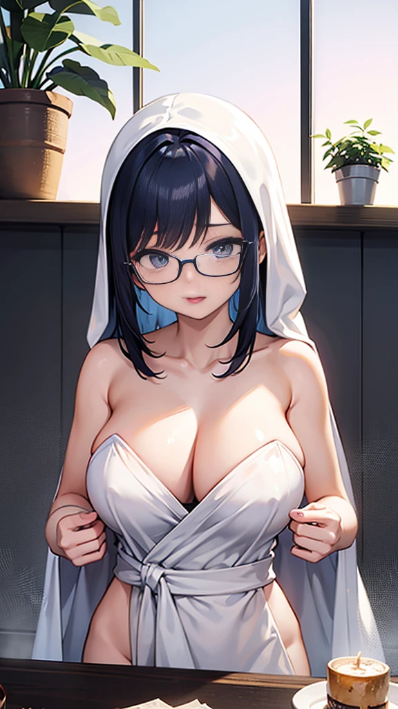 Create an anime-style illustration of a named Shizuka. She has long, straight, blue hair with bangs cut straight across her forehead. She has large, almond-shaped silver-blue eyes and porcelain-like white skin. Shizuka often wears glasses.Super big breasts、just out of the bath、Wrap a bath towel around your body