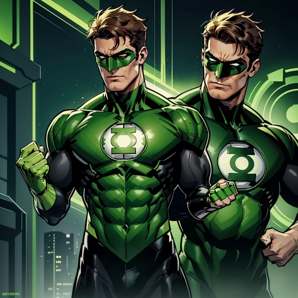 Green Lantern, Hal Jordan, full body shot, face of a 30s, tall, hunk, lean muscle, short hazel hair, neon green and black suit, light neon green lantern logo on the chest, best quality, masterpiece, high resolution, ((green ring)) on his right middle finger, dark green eyes mask, straight face, detailed face, detailed suit