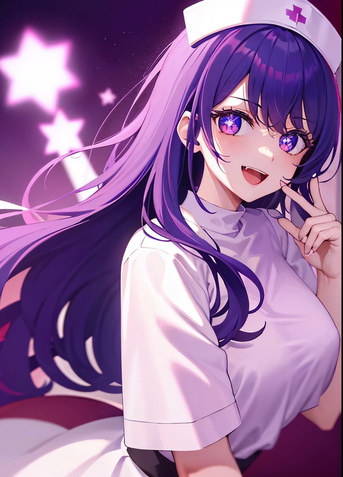 one-girl,nurses((There is a five-pointed star in the eye))Gorgeous Hair in Long Purple,Smile,Open mouth ,nurses,hospitals,White nurse clothes,White nurse hat,looki at viewer,Blood