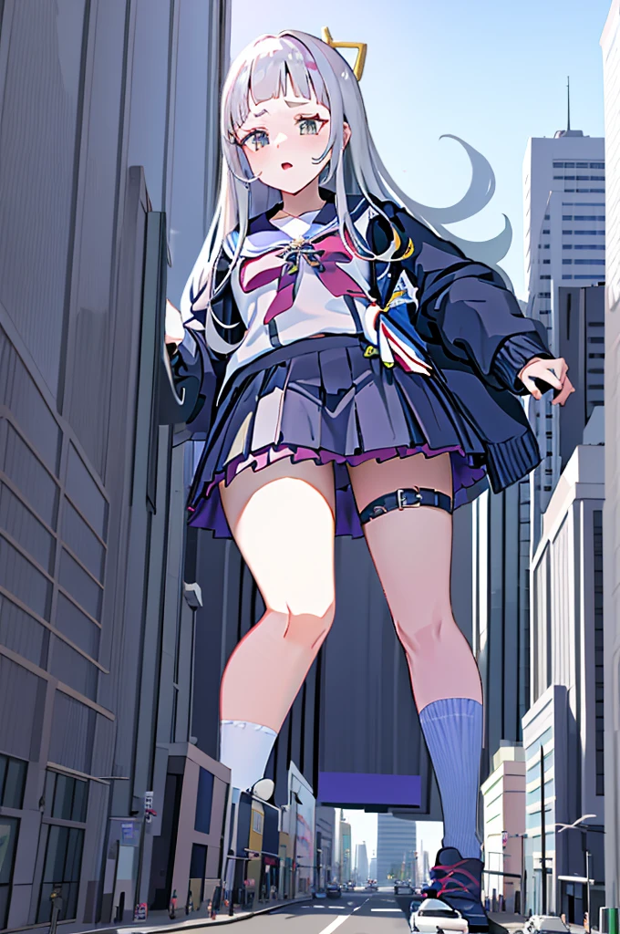 The girl puts a miniature high-rise model toy under her skirt，short  skirt，a sailor suit，whitestocking，athletic sneakers，Be red in the face