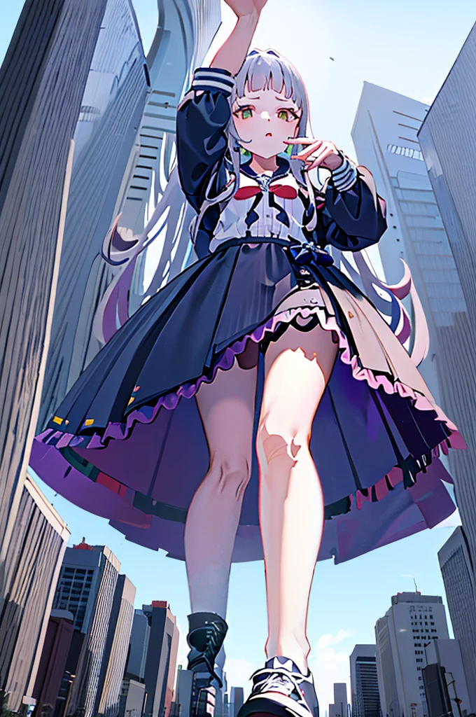 The girl puts a miniature high-rise model toy under her skirt，short  skirt，a sailor suit，whitestocking，athletic sneakers，Be red in the face