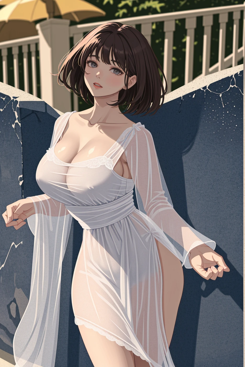 A plump round woman, short faded brown hair, lots of mascara, grey eyes, wearing a beautiful yellow summer dress, accentuated curves, very curvy