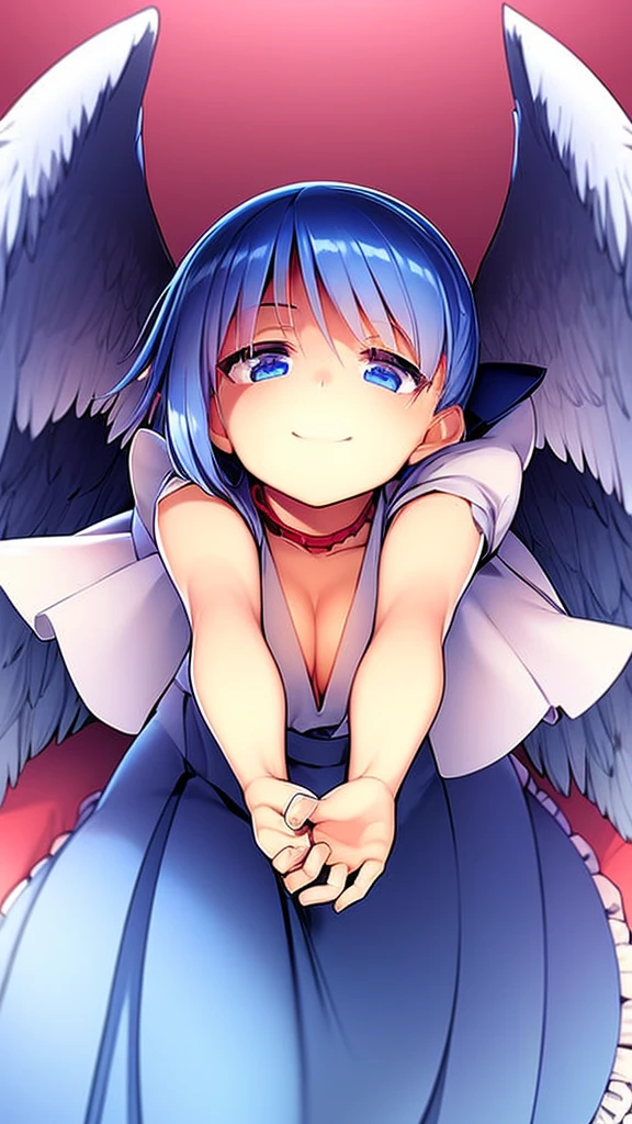 masterpiece, best quality, 1girl, , , , medium blue hair, hair flaps, pink ribbon on head, well-formed face, blue eyes, angel girl, white blouse, puffy short sleeves, red ribbon, angel wings, long white skirt, red shoes, frills, ribbon head, from behind, to lift up one’s skirt, cowboy shot, from front, standing , raise one leg, crossed arms, arms up behind, arms behind back, hand between legs, put hands hip, one hand on hip, forward hands, arms raised in the air, punch hands, peace sign, waving, put up index finger, sit, lie down, closed eyes, lie face down, looking back, put one hand chest, leaning forward, cleavage, close up, horizontally outstretched arms, horizontally outstretched legs, front view, front face