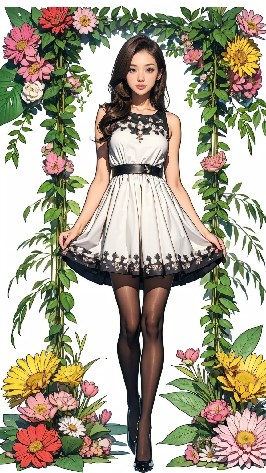 ((masterpiece)),(((Highest quality))),((Character design sheet)),Thin thighs,Long legs,whole body:1.5,(One Girl:1.3),(Black pantyhose and thick pointy heels:1.3),(Wearing a floral and plant patterned mini skirt dress:1.2),Short blonde:1.2、Model pose,Floral and botanical background:1.5,