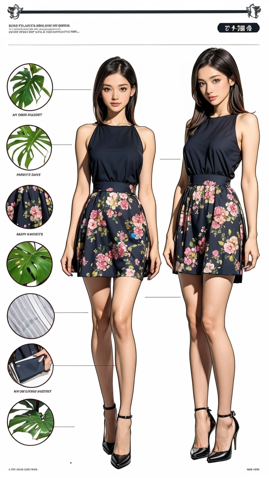 ((masterpiece)),(((Highest quality))),((Character design sheet)),Thin thighs,Long legs,whole body:1.5,(One Girl:1.3),(Black pantyhose and thick pointy heels:1.3),(Wearing a floral and plant patterned mini skirt dress:1.2),Short blonde:1.2、Model pose,Floral and botanical background:1.5,
