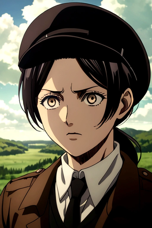 Attack on Titan anime style, woman with ginger wavy hair. She wears a black high-necked blouse. She is with a man, black hair, he is wearing hat, Levi Ackerman. MAPPA studios season 4