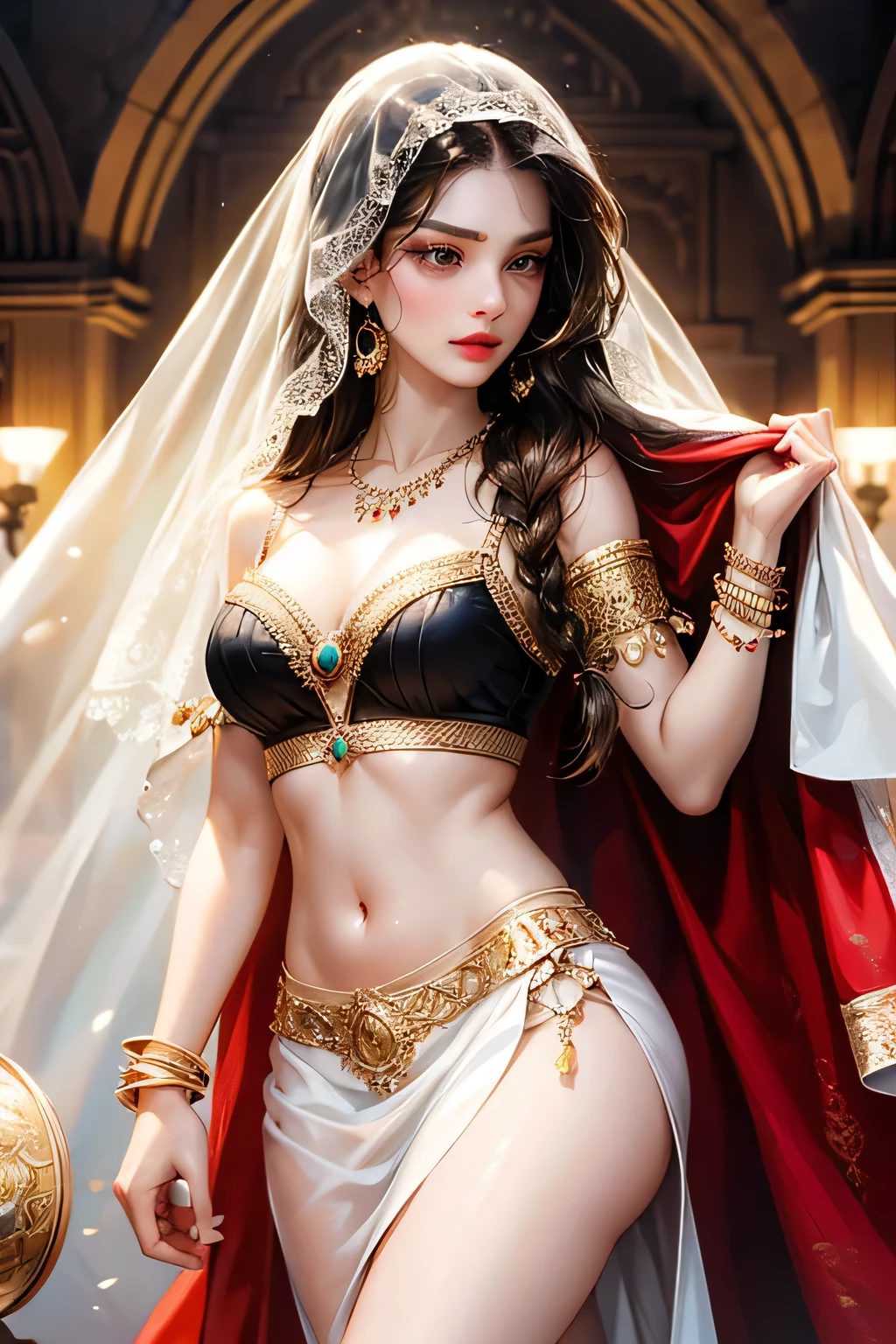 1girl, solo, jewelry, long_hair, realistic, white_skin, midriff, bracelet, earrings, white-skinned_female, navel, black_hair, necklace, breasts, brown_eyes, veil, lips, facial_mark, brown_hair, cleavage, looking_to_the_side, crop_top, and indian jewellery and attire.