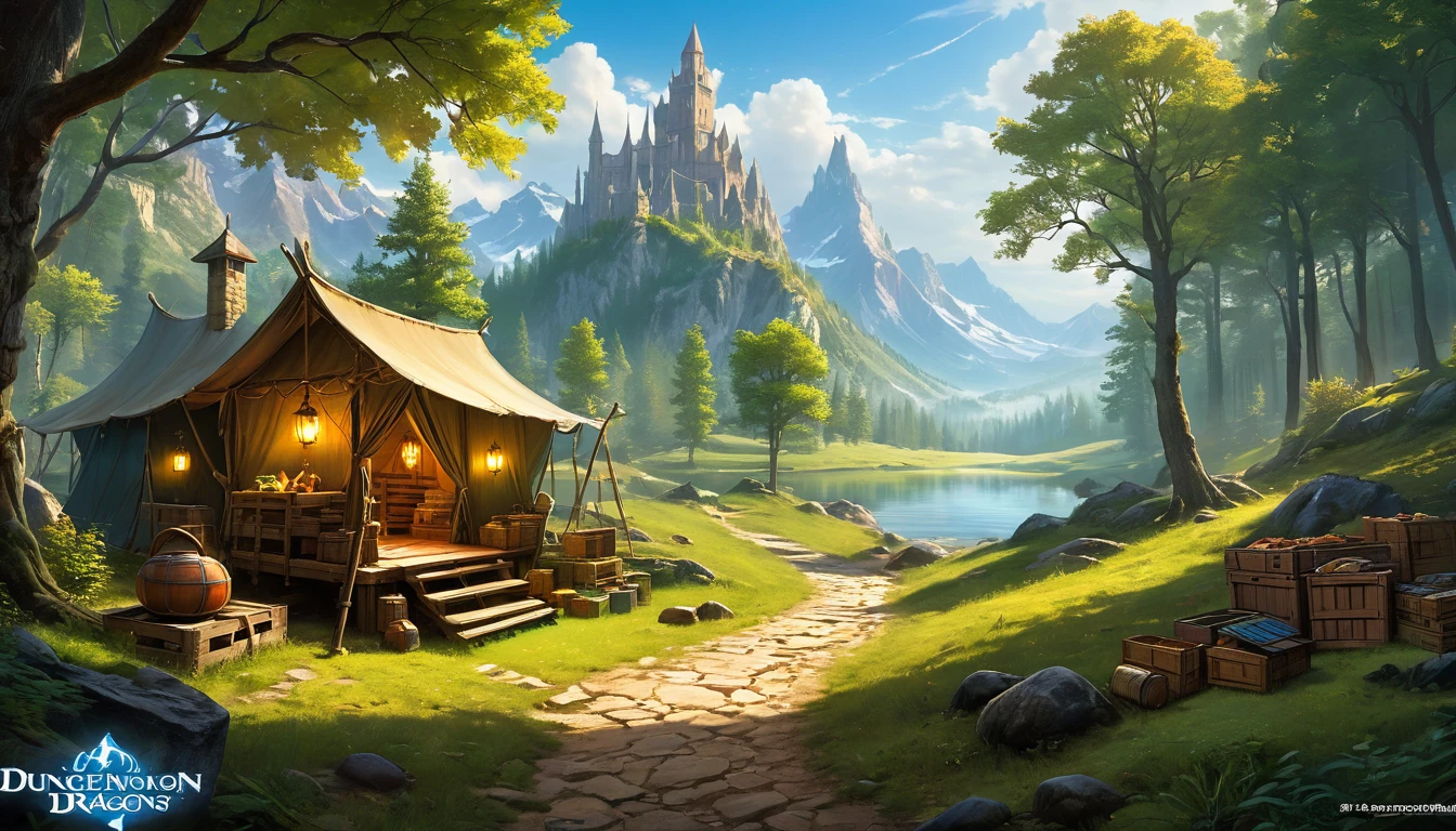 (by Greg Rutkowski: 1.2), (masterpiece, best quality, high resolution, highly detailed, depth of filed, HDR:1.2), extremely delicate and beautiful, illustration, pale colors, (fantasy landscape, from dungeon and dragons), A mesmerizing fantasy with enchanting elements blending seamlessly. ((a traveler small camp in the forest path, people, crates, equipment)).