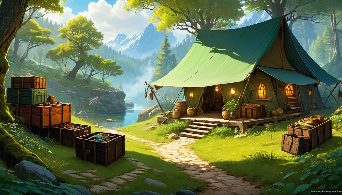 (by Greg Rutkowski: 1.2), (masterpiece, best quality, high resolution, highly detailed, depth of filed, HDR:1.2), extremely delicate and beautiful, illustration, pale colors, (fantasy landscape, from dungeon and dragons), A mesmerizing fantasy with enchanting elements blending seamlessly. ((a traveler small camp in the forest path, people, crates, equipment)).