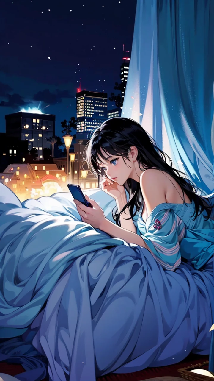 a woman laying in bed looking at a cell phone, makoto shinkai and artgerm, anime. soft lighting, beautiful anime art, trending anime art, digital anime art, masayoshi suto and artgerm, beautiful anime portrait, japanese anime artist drawn, detailed anime art, anime picture, beautiful anime art style, anime arts, beautiful anime artwork