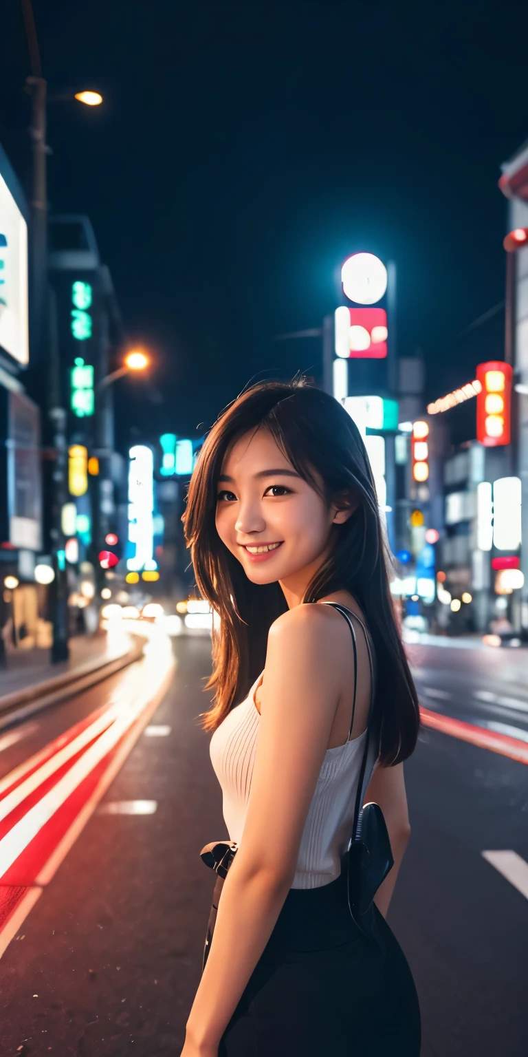 One girl, Tokyo Street,night, Cityscape,City lights,Upper Body,close,smile,, (8K, RAW Photos, Highest quality, masterpiece:1.2),(Realistic, photo-Realistic:1.37),