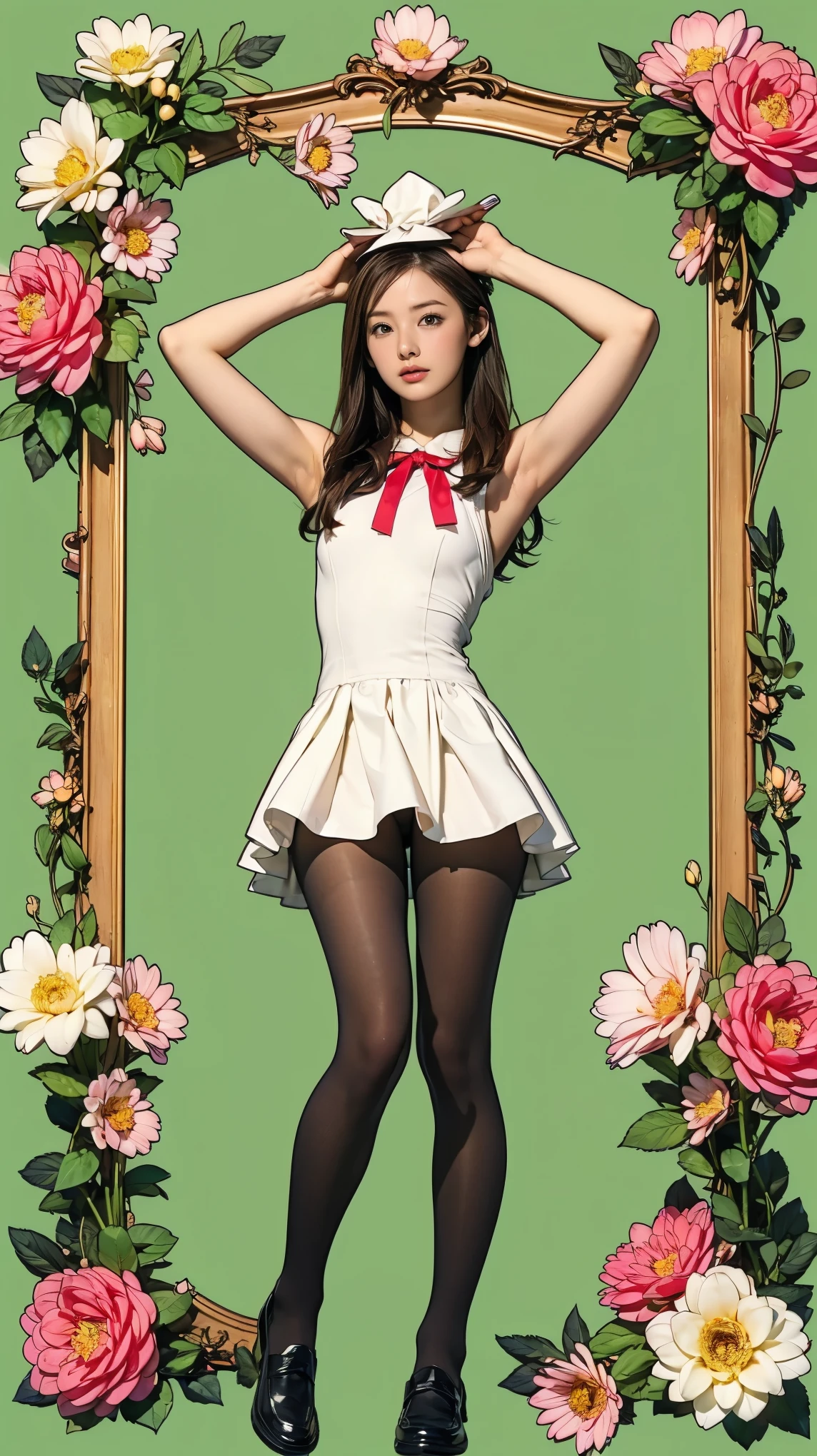 ((masterpiece)),(((Highest quality))),((Character design sheet)),Thin thighs,Long legs,((Alice in Wonderland, wearing a large ribbon on your head,, wear black tights,loafers))、-yeld gi(Raise your arms、Please show me your armpits:1.2)、(Droopy eyes:1.2), (Very slim:1.4)、Low angle reveals white panties:1.5,Plant and flower background:1.5