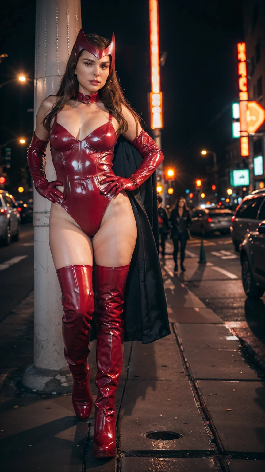 (masterpiece), (solo character), (best quality), (photorealistic 1.4), (EpicRealLife), (night time), (Maximoff bodysuit), (tall scarlet-10) (large breasts), (European model), (tall woman), (athletic body), (tall d4k0t4), (latex bodysuit), (green eyes), (Scarlet Witch helmet), (scarlet-10 helmet), ( scarlet-10 leotard), (red cape), (scarlet-10 elbow gloves,), (tall n4t4l13p-v2, Natalie Portman), (young woman) , (scarlet-10 helmet), (scarlet-10 thighhigh),(neon lights), (boots), (flashphoto), (night time), (at night), (neon lights), (new york city street), (look at viewers), (cowboy shots)
