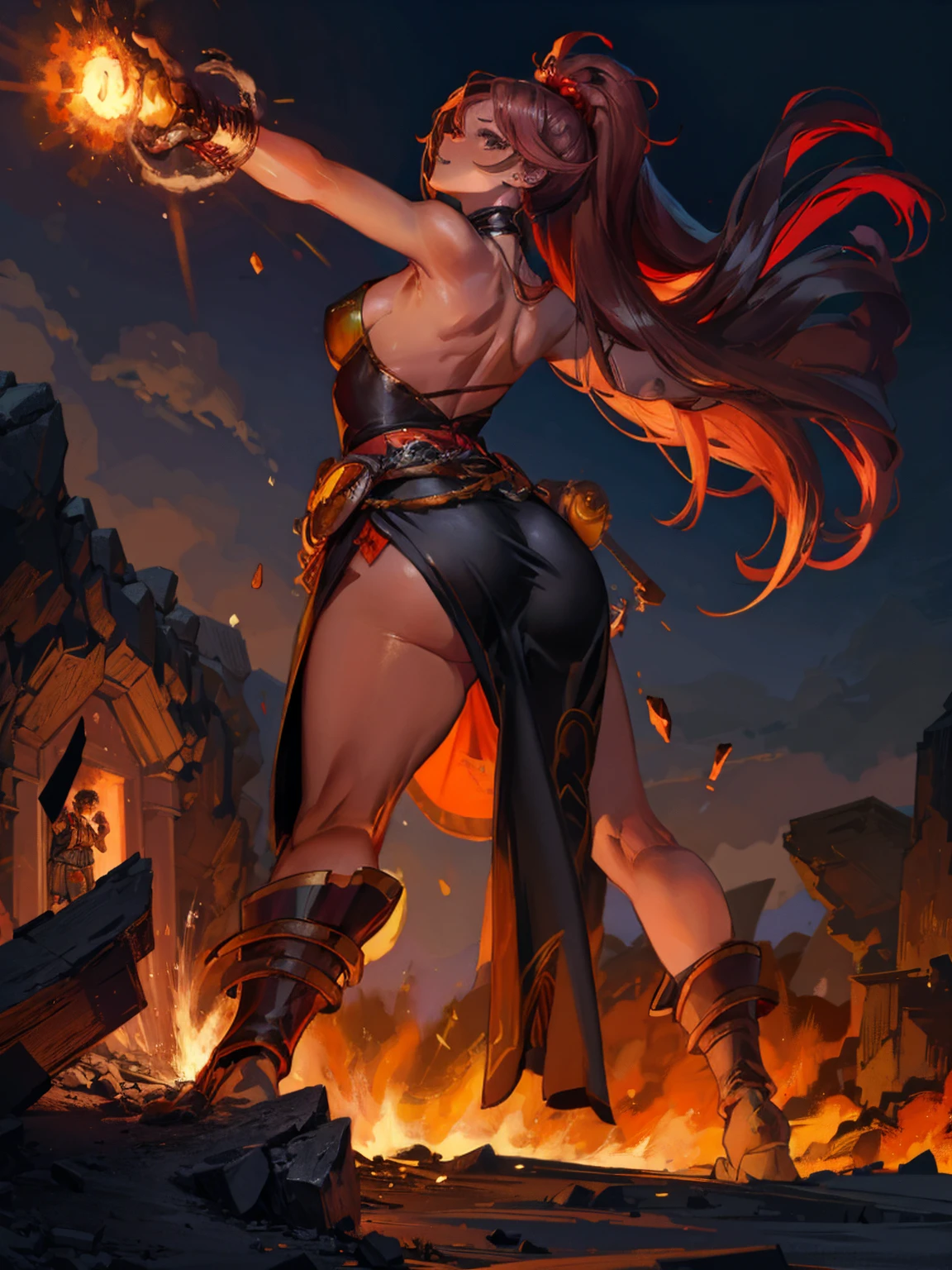 ((Jennifer Garner as Electra), ((very short red hair)), large breasts, ((tattoos covering body)), ((very defined muscles)), ((naked)), ((no clothing)), ((anus view)), ((butt hole visible)), ((ass hole visible)), ((anal view)), ((narrow waist)), ((thin waist)), ((small amount of pubic hair)), (Electra), ((camel toe)), ((cameltoe)), ((Tomb Raider style)), ((in a dark cavern city)), ((butt towards camera)), ((rear view))