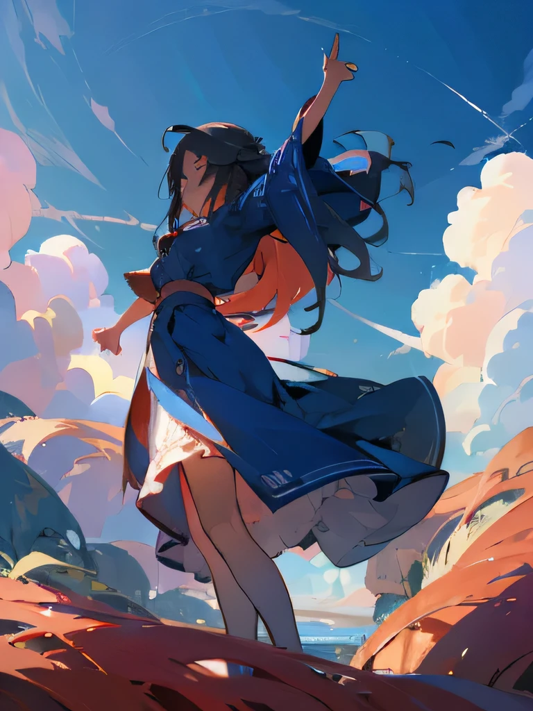 high resolution、A high, blue sky and natural scenery in the background。Low - Angle、Spread your arms wide as wide as you can、A girl with medium-length hair and red inner color。