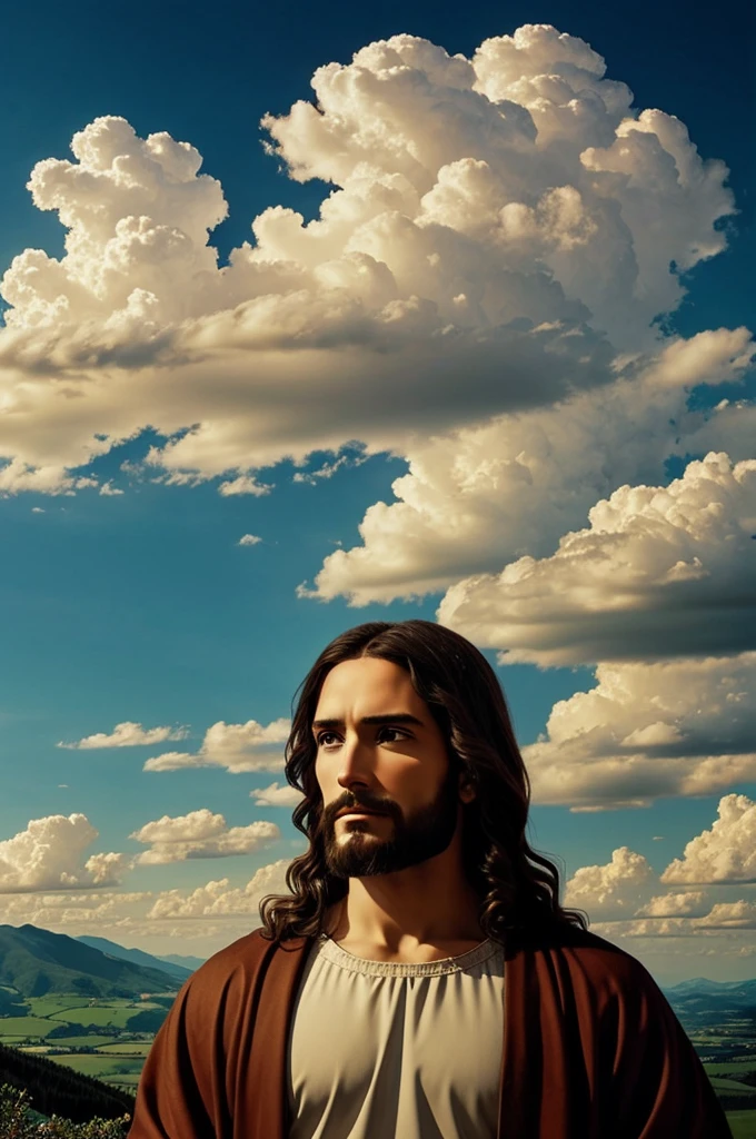 Jesus Christ in a beautiful heavenly landscape with beautiful clouds