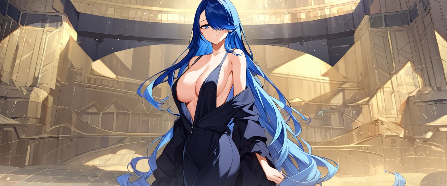 alone,Large ,20-year-old,Beautiful Face,whole body,Hair on one eye,long hair, Blue Hair,