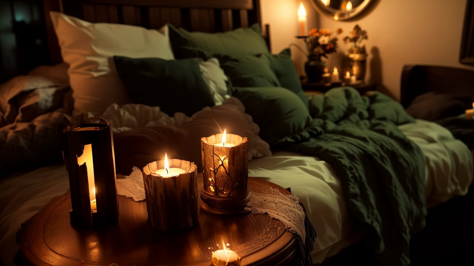 A lit candle on a table in a bedroom with a bed, Cozy candlelight, Cozy and quiet atmosphere, Cozy atmosphere, Cozy home background, Cozy and calm, Cozy atmosphere, A pleasant and enchanting scene, Cozy atmosphere, Cozy atmosphere, Candlelit, Cozy place, Cozy environment, Romantic atmosphere, pleasant Cozy atmosphere, Pleasant lighting, room full of candles