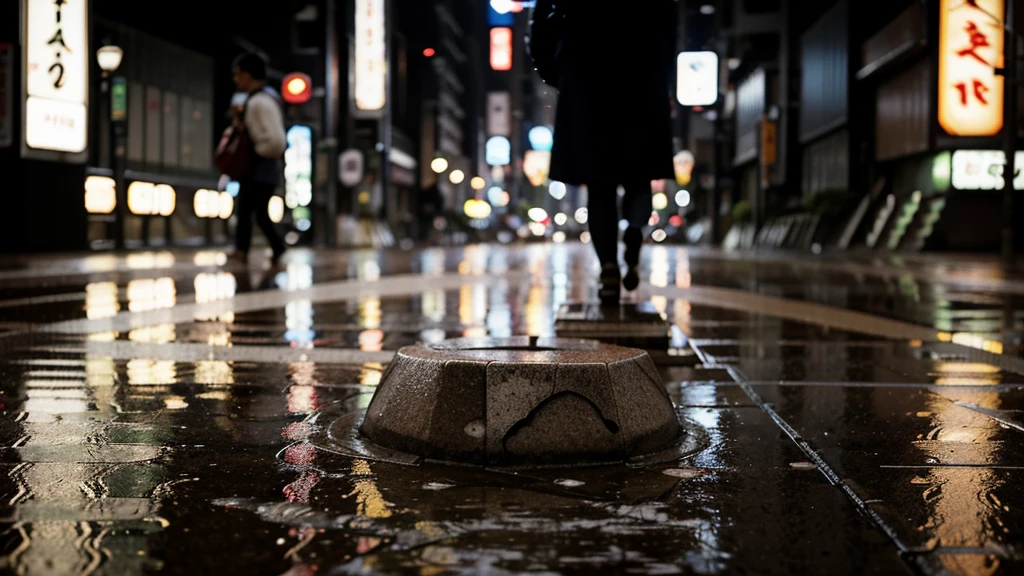 tokyo sidewalk at afternoon after rain with wet streets, bokeh, focus on ground, make it like garden of words style, warm tone, no human, no people on it, (((very low angle))), (((detailed background)))