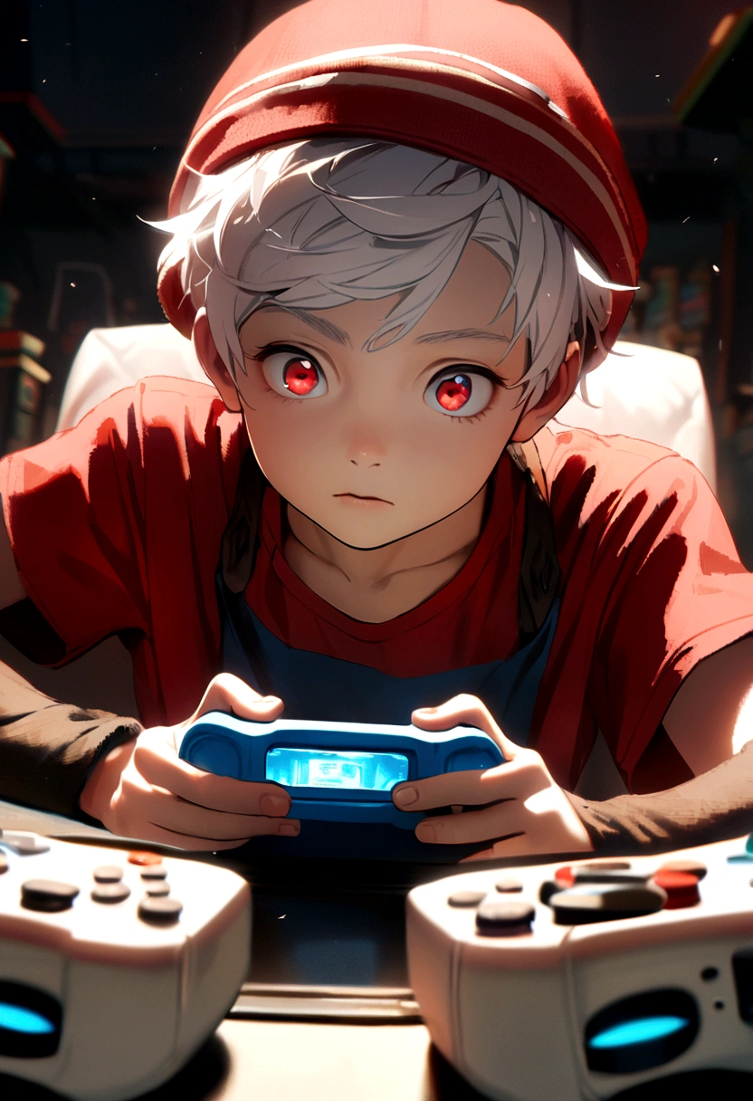 6 boy, white hair, red cap backwards, red eyes, blue tank top, red t-shirt inside. Play game