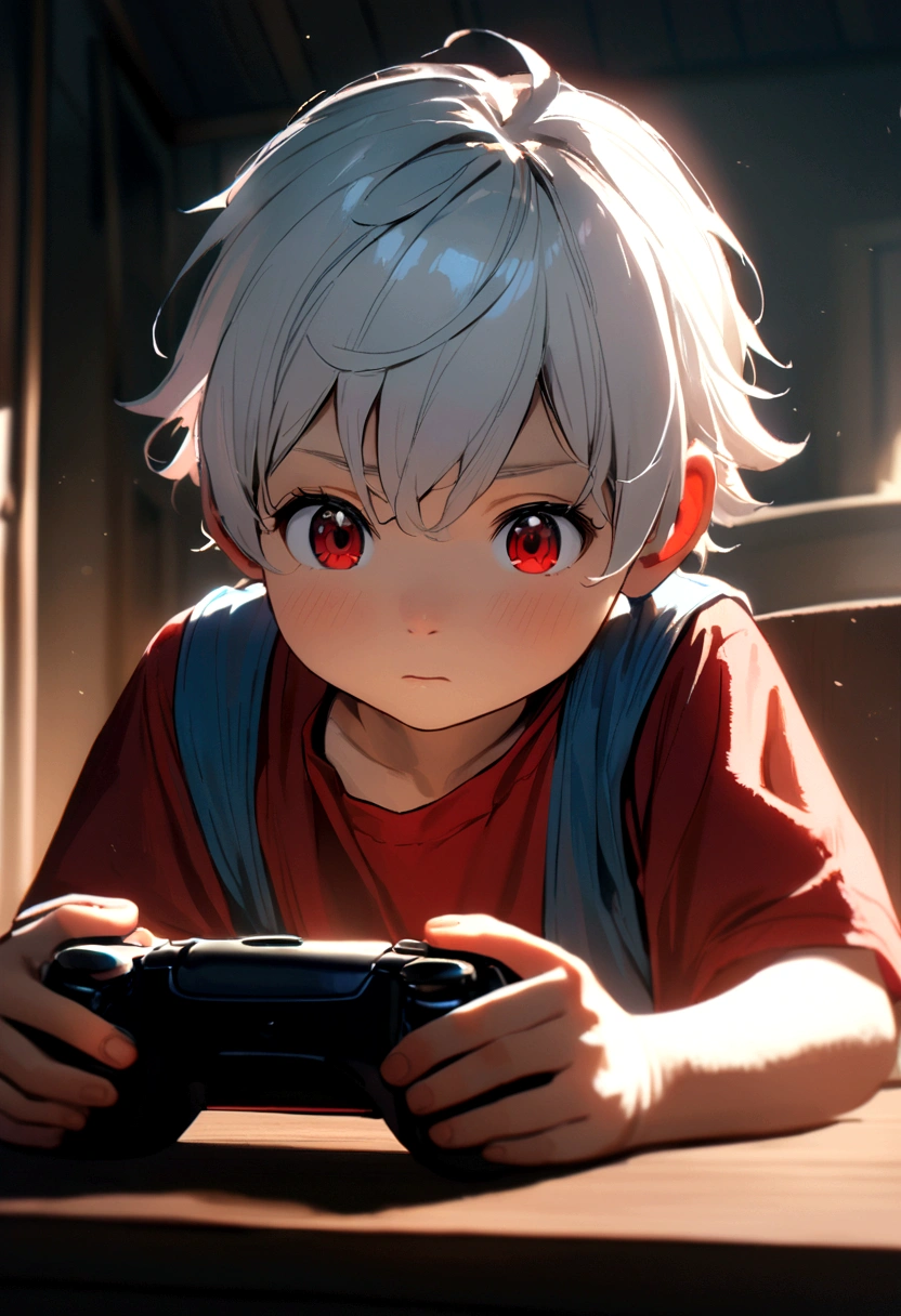 6 year old boy, white hair, red cap backwards, red eyes, blue tank top, red t-shirt inside. Play game