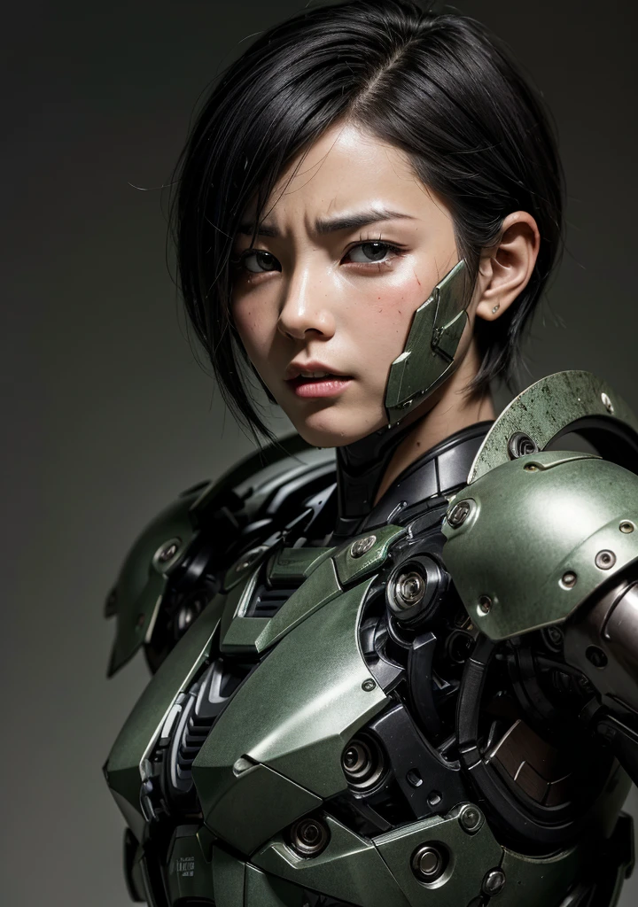 Textured skin, Super detailed, Attention to detail, high quality, 最high quality, High resolution, 1080P, hard disk, beautiful,(War Machine),beautifulサイボーグ女性,Mecha Cyborg Girl,Battle Mode,Girl with a mechanical body　Black Hair　Short Hair Boyish　Dark Green Armor　Soaked Face　liberation　Met Off　Steam from the head　Steam comes out from the whole body　A painful expression　Open your mouth wide