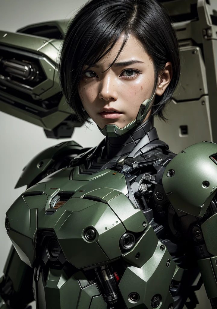 Textured skin, Super detailed, Attention to detail, high quality, 最high quality, High resolution, 1080P, hard disk, beautiful,(War Machine),beautifulサイボーグ女性,Mecha Cyborg Girl,Battle Mode,Girl with a mechanical body Black Hair Short Hair Boyish Dark Green Armor Soaked Face liberation Met Off Steam from the head Steam comes out from the whole body A painful expression Open your mouth wide