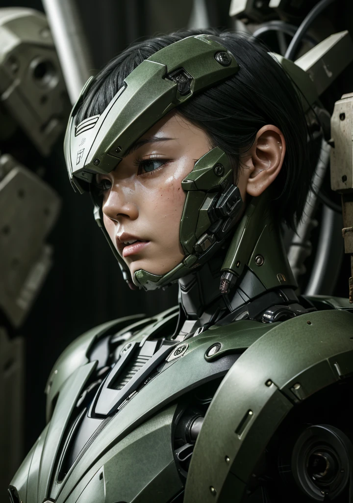 Textured skin, Super detailed, Attention to detail, high quality, 最high quality, High resolution, 1080P, hard disk, beautiful,(War Machine),beautifulサイボーグ女性,Mecha Cyborg Girl,Battle Mode,Girl with a mechanical body Black Hair Short Hair Boyish Dark Green Armor Soaked Face liberation Met Off Steam from the head Steam comes out from the whole body A painful expression Open your mouth wide