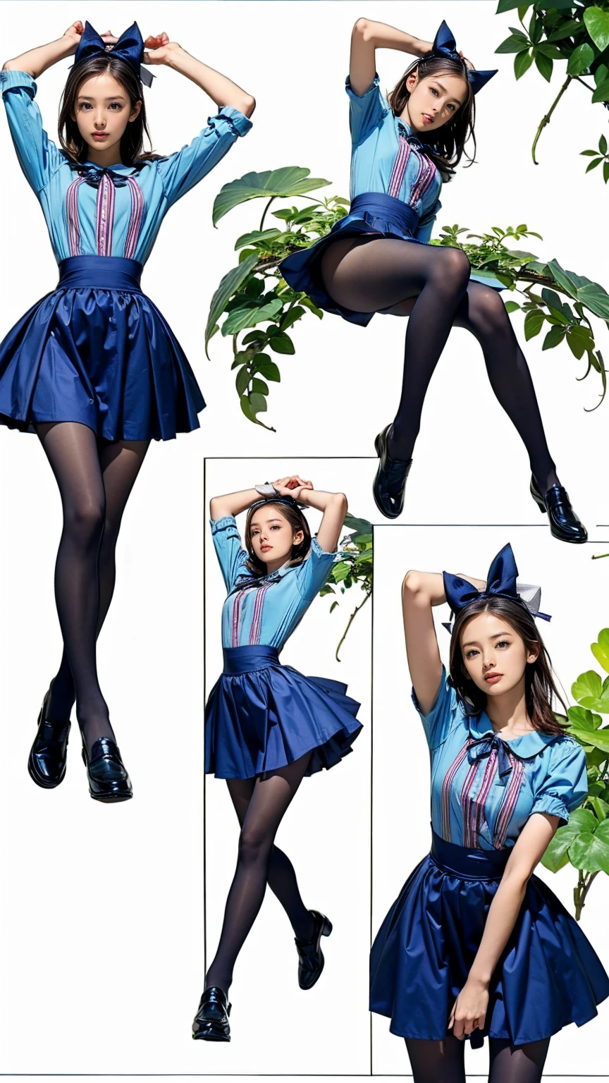 ((masterpiece)),(((Highest quality))),((Character design sheet)),Thin thighs,Long legs,((Alice in Wonderland, wearing a large ribbon on your head,, wear black tights,loafers))、15-year-old girl、(Raise your arms、Jumping with armpits exposed:1.2)、(Droopy eyes:1.2), (Very slim:1.4)、Plant and flower background:1.5