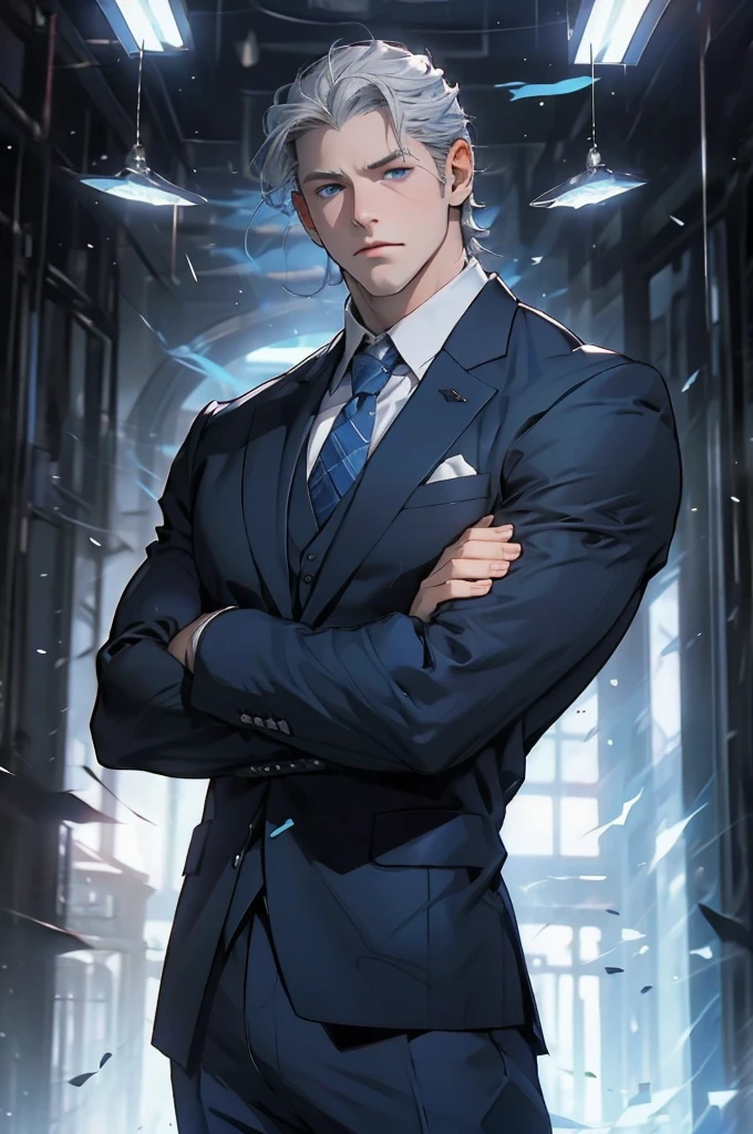 Drawing of a young Chad, Dark blue suit,tie, White shirt,Pants, Looking at the camera, male,Silver short hair,Blue Eyeuscle,bodyguard,Light and Shadow