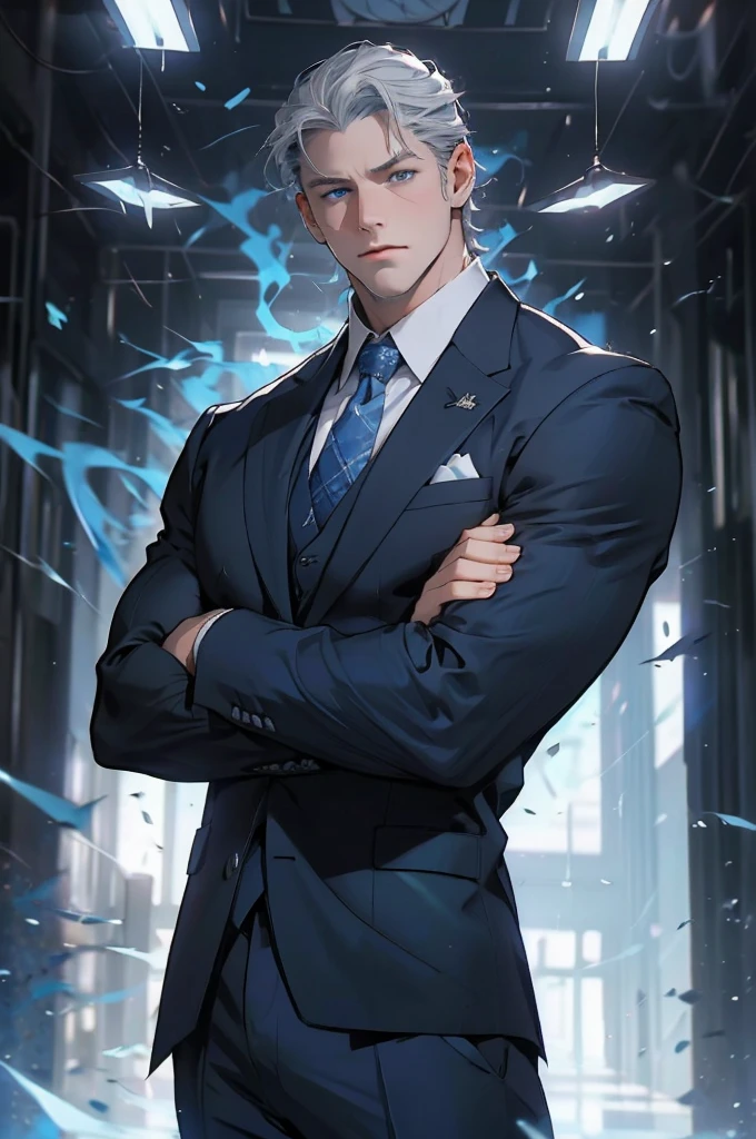 Drawing of a young Chad, Dark blue suit,tie, White shirt,Pants, Looking at the camera, male,Silver short hair,Blue Eyeuscle,bodyguard,Light and Shadow