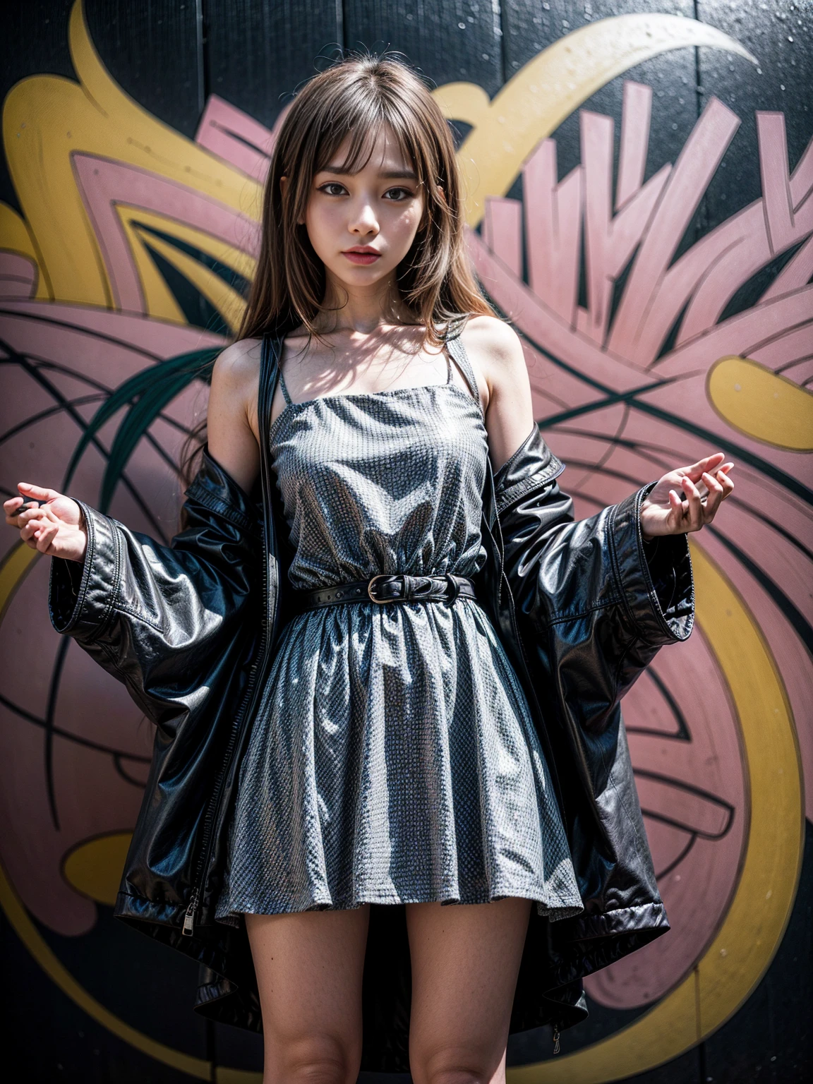 A 90s street photographer in Santiago portraits a confident model in front of abstract graffiti made only with straight and colorful shapes. The dress creates an amazing blend in color and form, intricate details, tokyo fashion week.