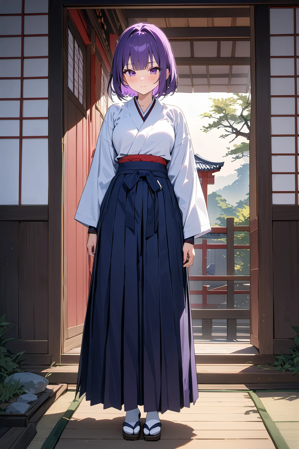 (masterpiece, best quality:1.5), (ultra detailed, high resolution, 8k, beautiful detailed, UHD, best anatomy), 1 cool girl, purple hair, medium breasts, Women's Hakama, Japanese Samurai, kamishimo, tabi, Warring States period (of Japanese history, approx. 1467-1568 CE)