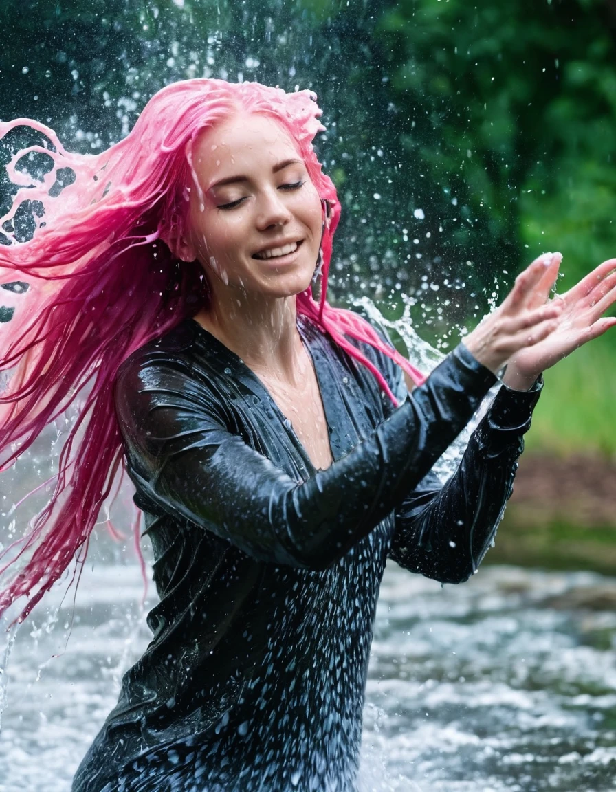 photo of a beautiful woman with long pink hair, made of water, dancing in the water,covered with water particles,water splashing face,flowing water,covered with water, pink hair ends with water stream,water explosion,water splashes,